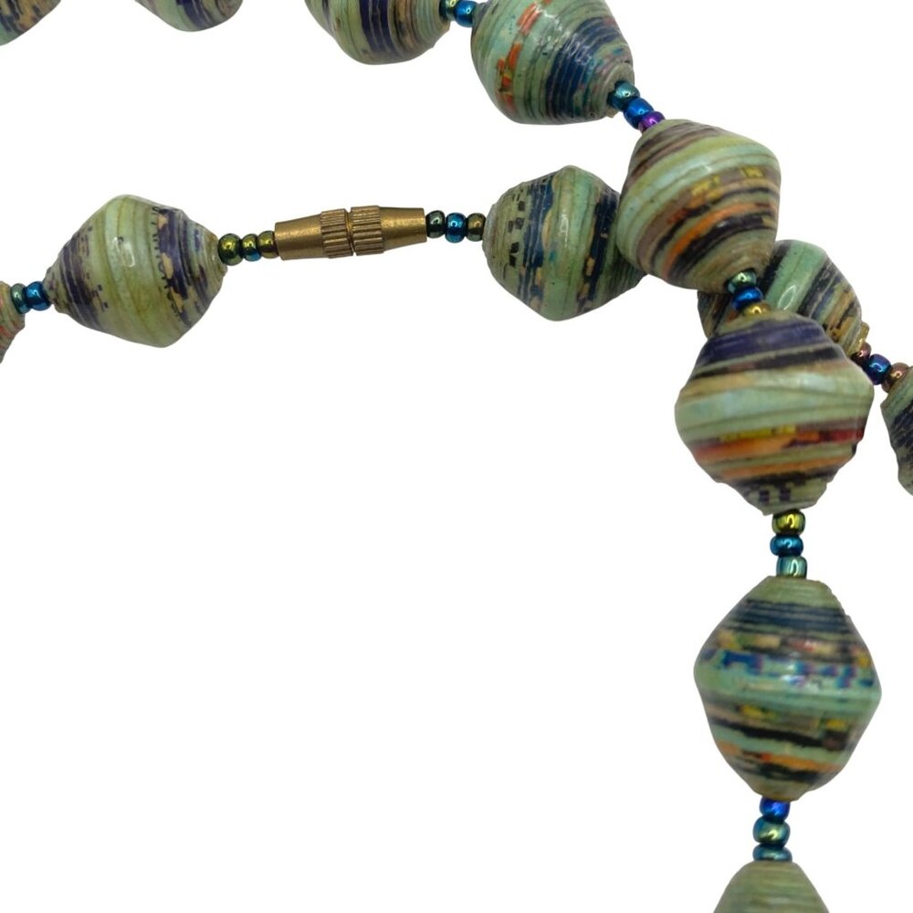 Vintage 34" Paper Glass Bead Necklace Barrel Closure Multicolor Striped Design - Picture 3 of 9